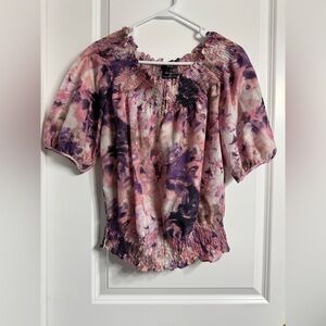 A.N.A Off Shoulder Water Color Scrunch Puff Sleeve Elastic Waist Blouse Size L